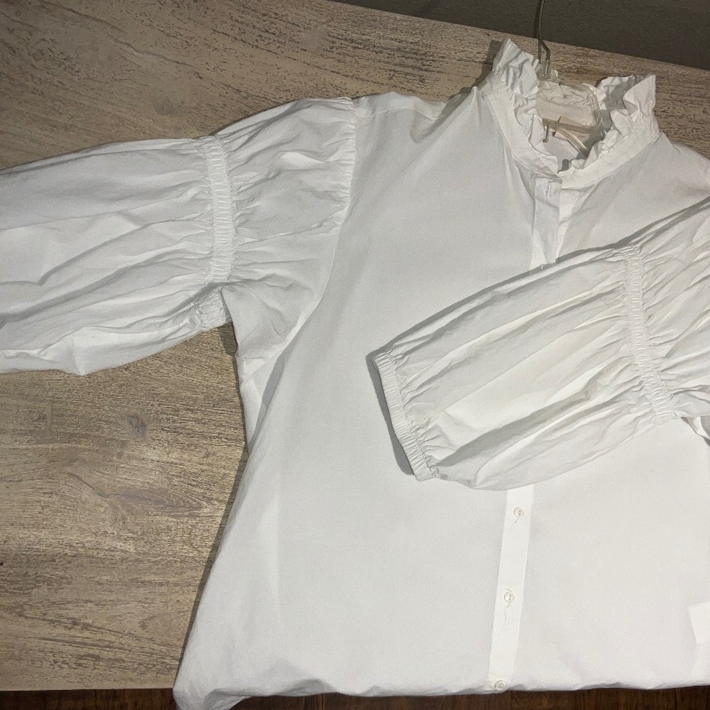H&M White 100% Cotton 3/4 Puffy Sleeve Blouse Top Button Down Size 8 - Picture 5 of 9